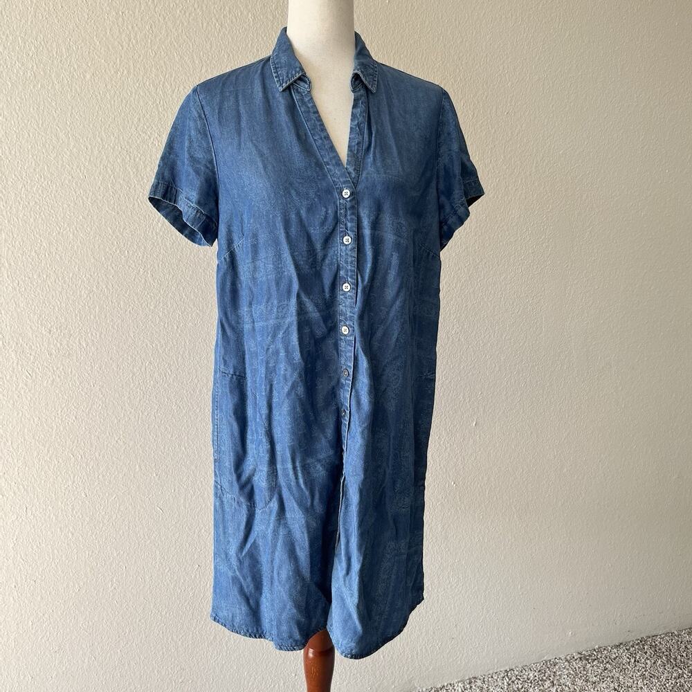 J. Jill Denim Dress Indigo Blue Chambray Button Up Pockets A-Line Sz M